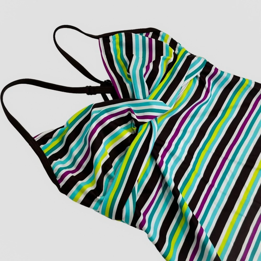 Athleta Womens Striped Swim Top Criss Cross Straps Green Brown Blue 34D/32DD